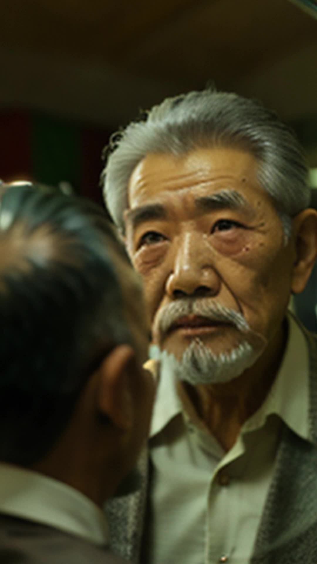 Elderly Asian man brushing off stray beard hairs, studying reflection in mirror, eyes twinkling with swagger, barber shop setting, festive mood, preparations for granddaughter's wedding