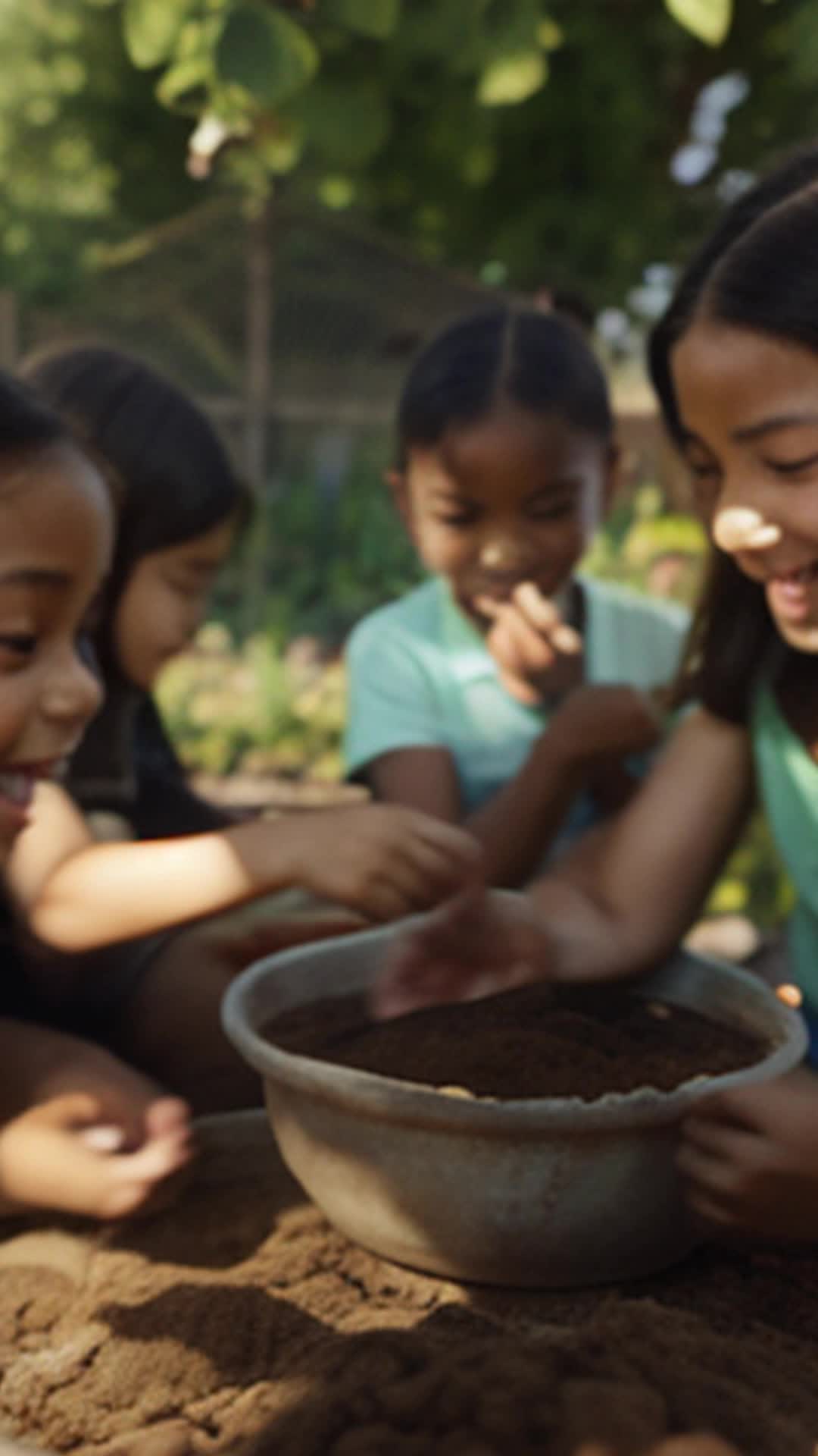 Energetic eight-year-olds planting beans in bustling community garden, delicate touch, cool soil between fingers, laughter echoing, mint leaves scent in air, playful, gentle breeze rustling through, soft shadows, wide-angle shot capturing the lively scene