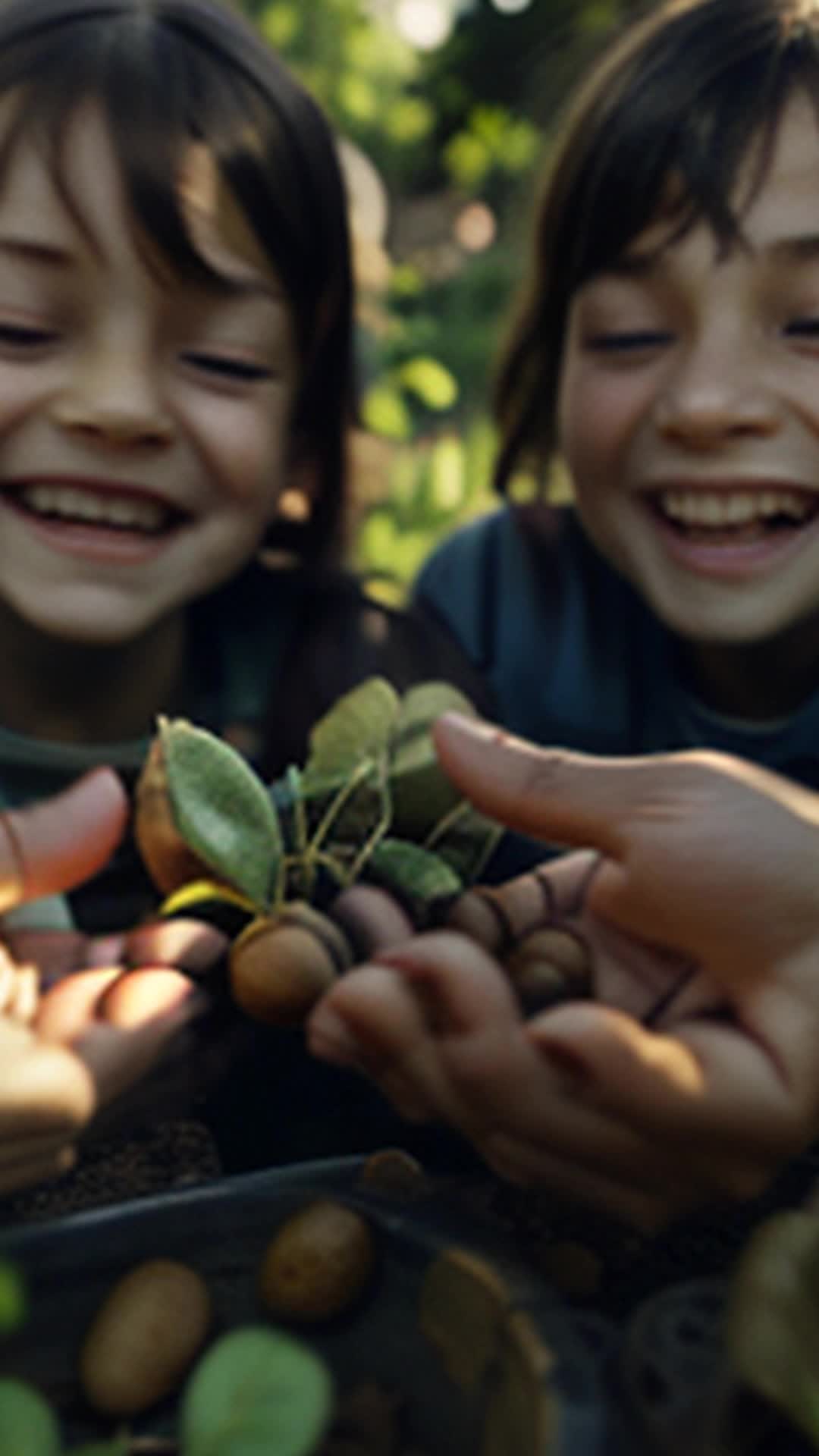 Excited children cradling sprouting beans in community garden, finding new spots to plant, garden visible as patchwork of joy and teamwork, soft afternoon light, high resolution detailing earth on hands, spontaneous moments of discovery, rendered by octane