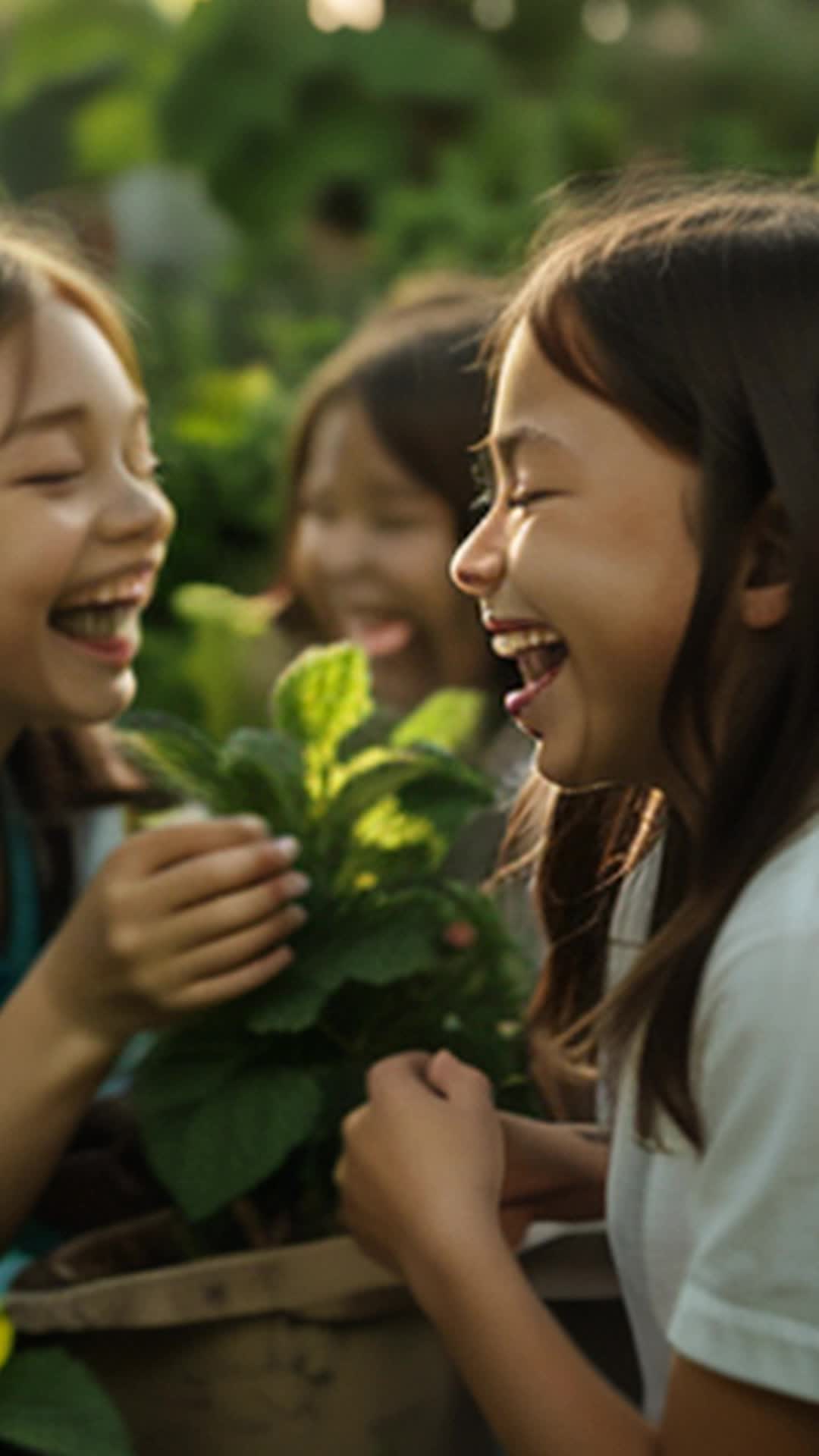 Cool breeze through community garden, eight-year-olds laughing, sharp scent of mint tickling noses, playful shouts, vibrant greenery surrounding, soft sunlight casting glowing light, detailed and sharp focus on expressions of joy