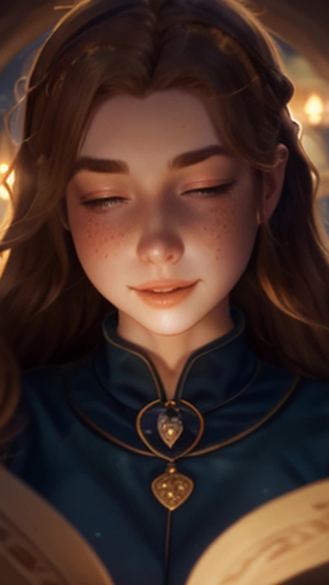 Ella's triumphant expression under flickering stars as final sentence inked, heart racing, eyes bright, surrounded by dim, warm lantern light, beautifully crafted journal pages glowing, medieval fantasy setting, victory in serene night, detailed and sharp focus, soft shadows