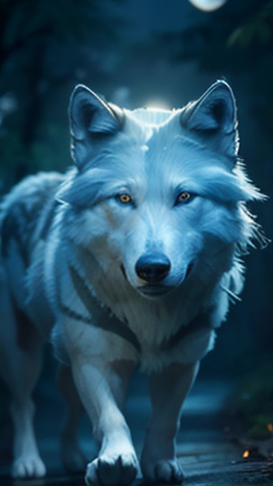 White wolf leading, lone traveler, dense Canadian forest, sharp gaze, soft moonlight illuminating path, high detailed vegetation, cool night air, mystical presence
