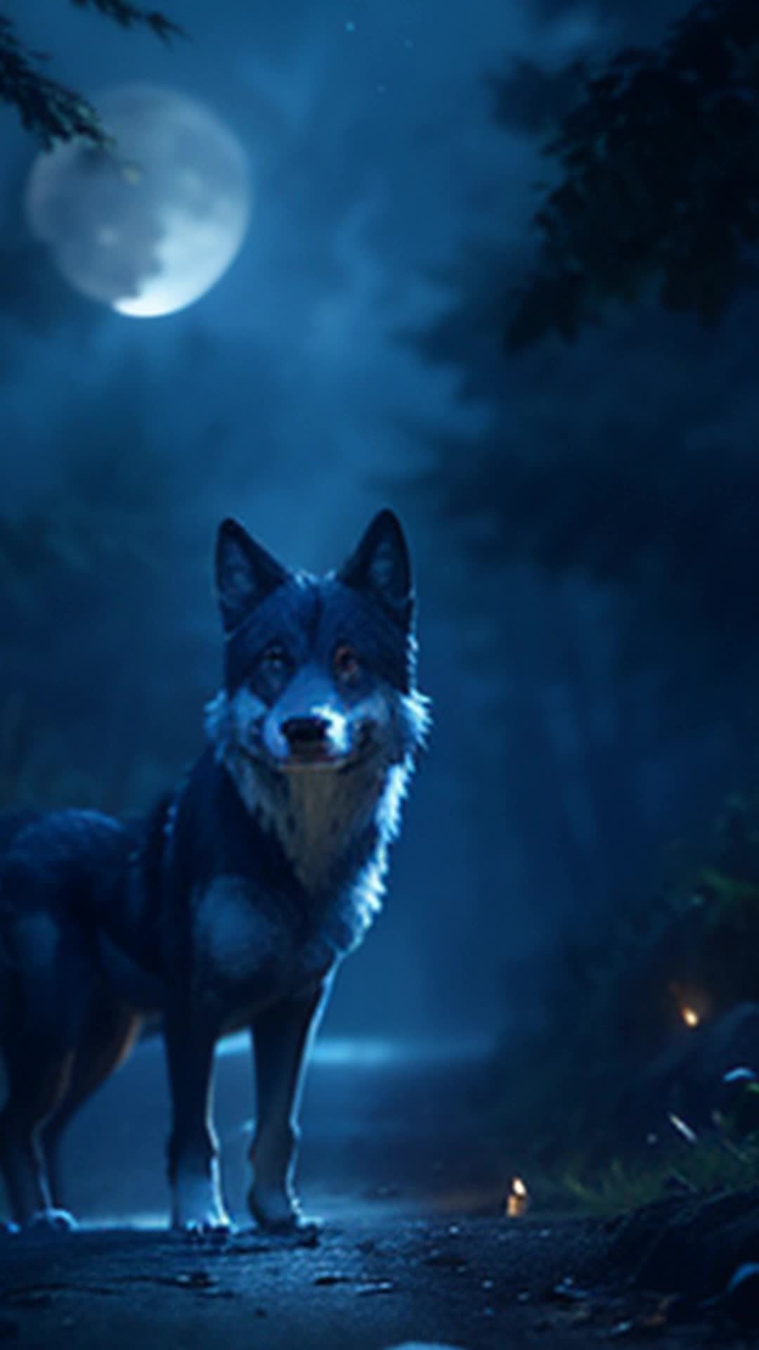 Mystical wolf luminous presence, glowing under moonlight, effortlessly navigating, spectral woodlands, beacon guiding to spirit world gateway, ethereal atmosphere