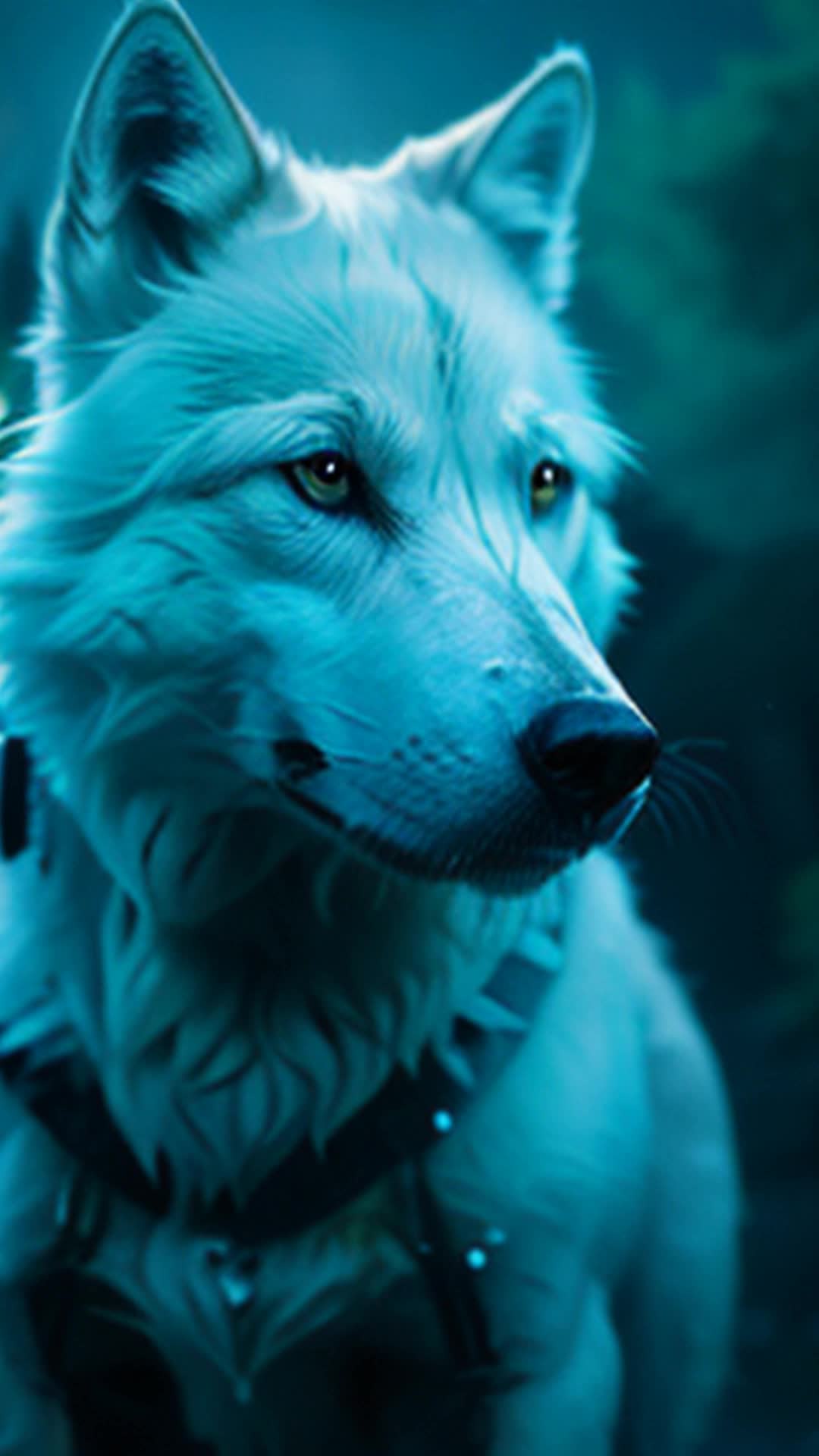 White wolf stopped, moonlight glow, ancient wisdom in the air, serene Canadian wilderness, night scene, detailed fur texture, glowing emerald eyes, mysterious atmosphere