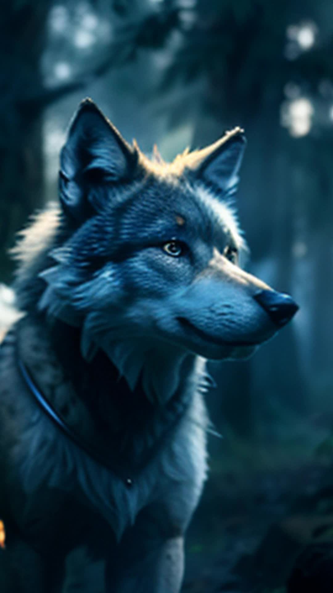 Mystical wolf with silver fur, ethereal glow, darting between ancient trees, misty Japanese forest, moonlit, soft shadows