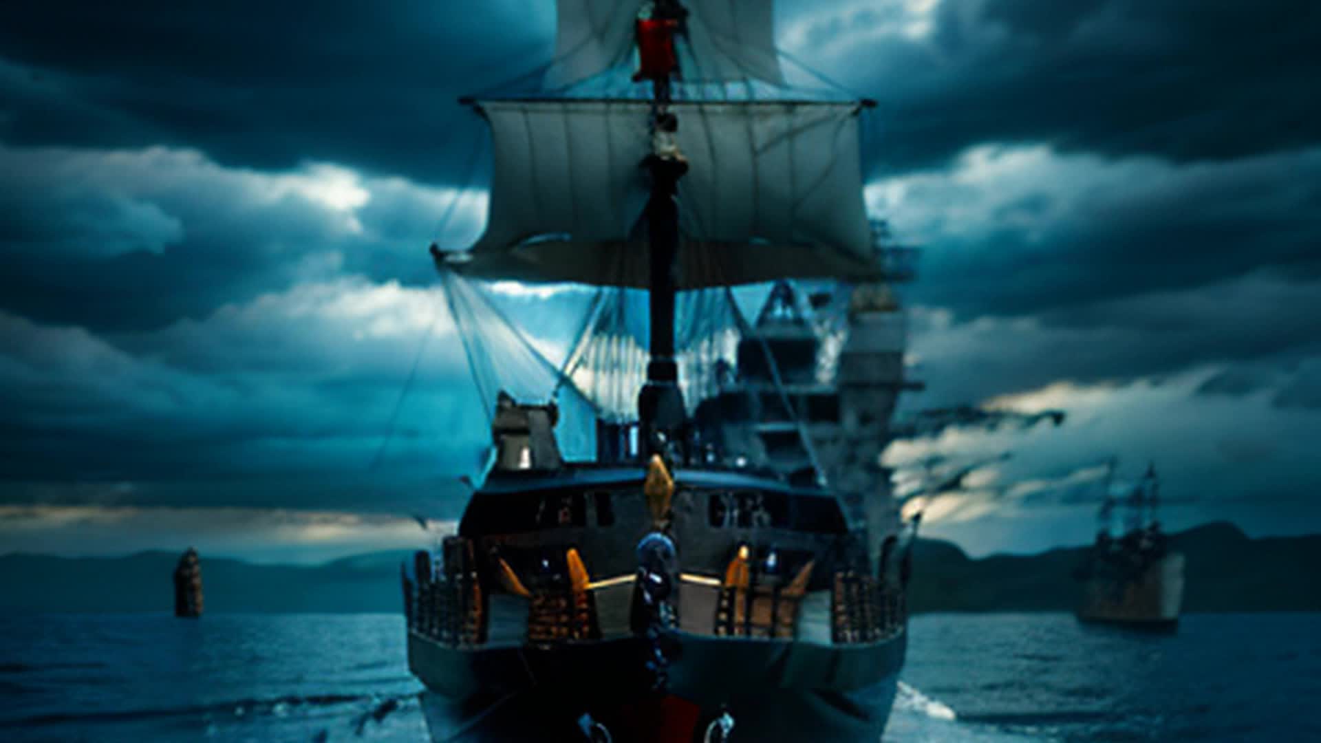 Ancient galleon, massive challenging waves, navigating open sea, stormy weather, dark clouds, turbulent waters, ship creaking, wooden hull, tattered sails, dramatic seascape, intense action, high definition, cinematic lighting, gloomy atmosphere, epic adventure, dynamic camera angles, rendered by octane