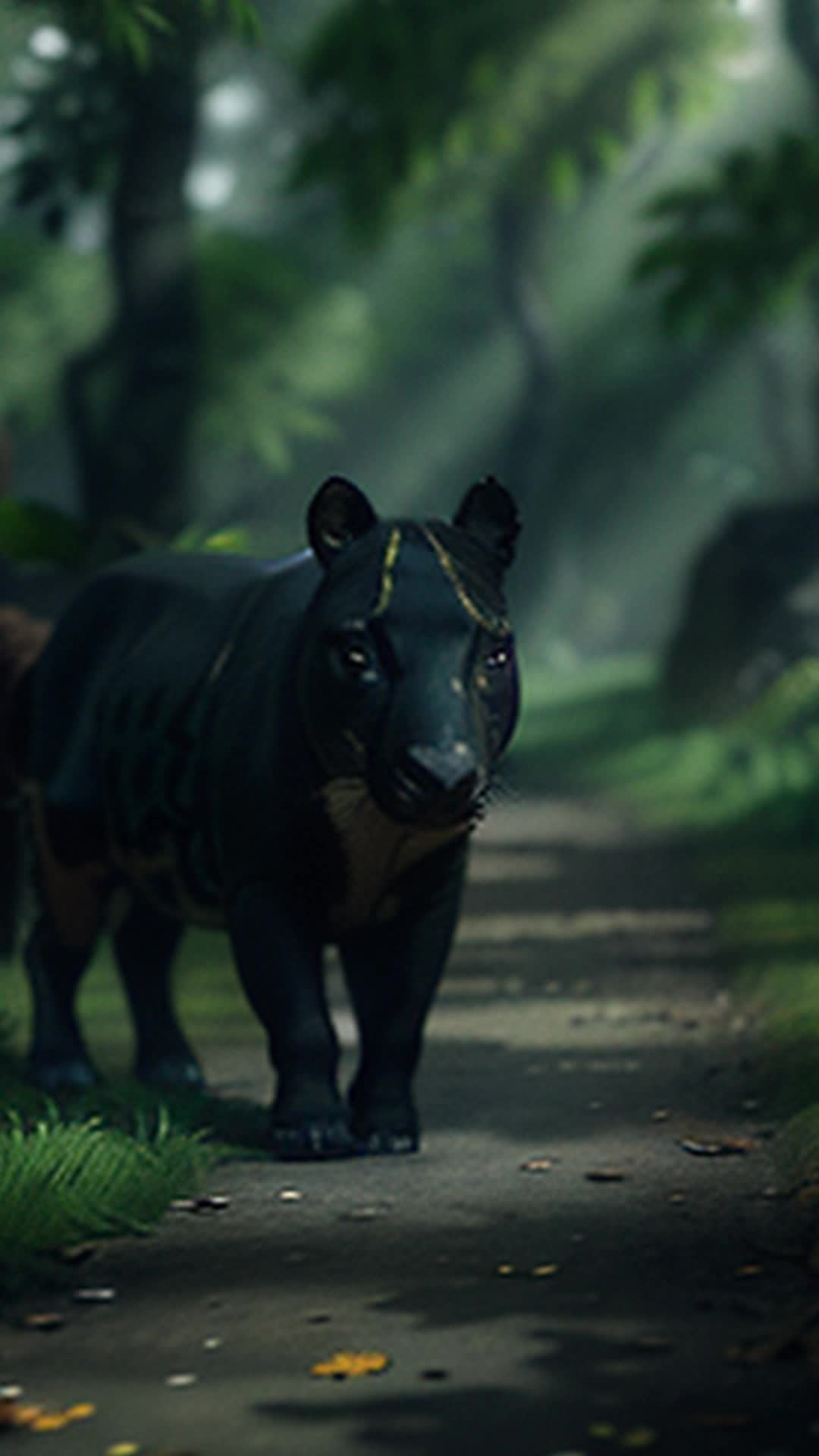 Dark forest floor, stealthy jaguar prowling, eyes fixed on unaware tapirs, rustling through damp decomposing foliage, soft shadows, rendered by octane