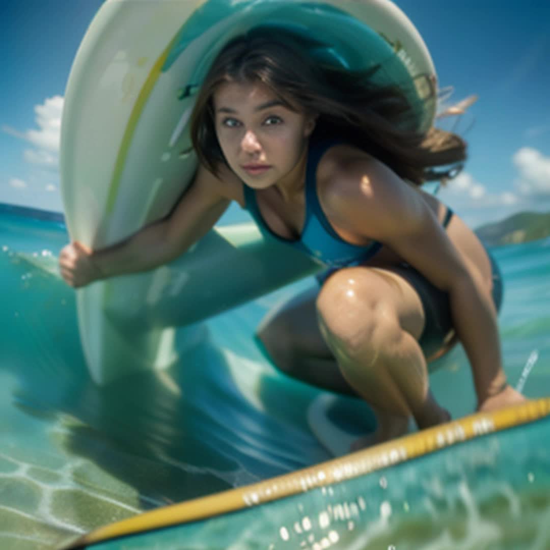 Stunning surfer girl, riding big wave, vibrant surfboard, ocean spray, dynamic motion, bright sunlight reflecting, athletic stance, turquoise water, powerful wave cresting, high energy, detailed and sharp focus, capturing fluid motion, soft shadows, perspective from water level, wideangle view, cinematic feel, captured by Canon50