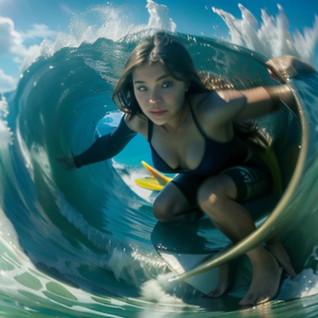 Beautiful girl, riding surfboard, inside massive wave, water spray around, surfing action, high energy, dynamic motion, ocean waves, intense focus, detailed, sharp resolution, vivid colors, soft shadows, wideangle shot, cinematic feel, vibrant blues, sun glinting off water, rendered by octane