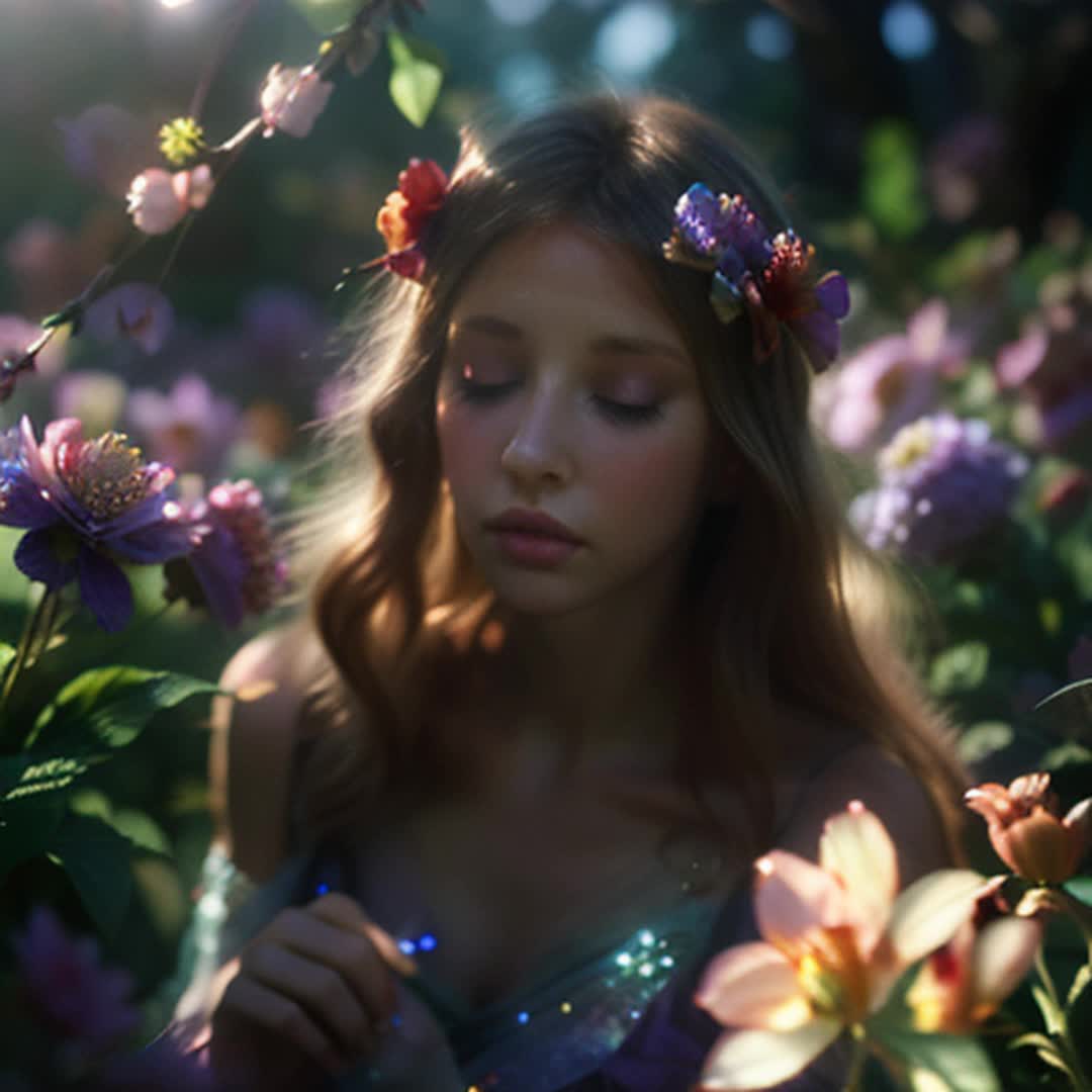 Girl in crystal dress, flowering gardening, crystal flowers blooming in vibrant colors, ethereal crystal garden, shimmering reflections, intricate details of crystals, soft sunlight creating prismatic effects, gentle breeze moving flowers, highly detailed and sharp focus, dreamy and ethereal, soft shadows enhancing the beauty, closeup shots of flowers and dress, slow motion of petals and crystals moving, glowing ambiance, artistic and magical and serene atmosphere