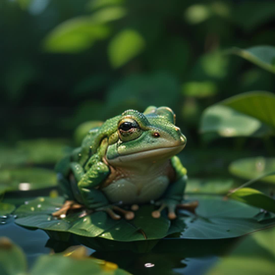 Froggy groggy, sleepy frog yawning on a lily pad, surrounded by lush green vegetation, tiny water droplets, early morning mist rising from the water, soft light filtering through dense canopy, serene and tranquil, soft shadows, smooth ripples in water, closeup capturing details of the frogs textures, vibrant green hues, soothing and calming atmosphere