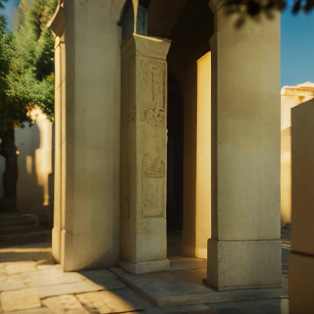 Historic Archdiocese of Athens, ancient stone architecture, towering columns, intricate carvings, vibrant frescos, warm golden sunlight illuminating facade, shadows creating depth, bustling city backdrop, people in traditional Greek attire, lush olive trees, sweeping wideangle, highly detailed and sharp focus, cinematic ambiance, atmospheric, majestic and reverent, by artgerm