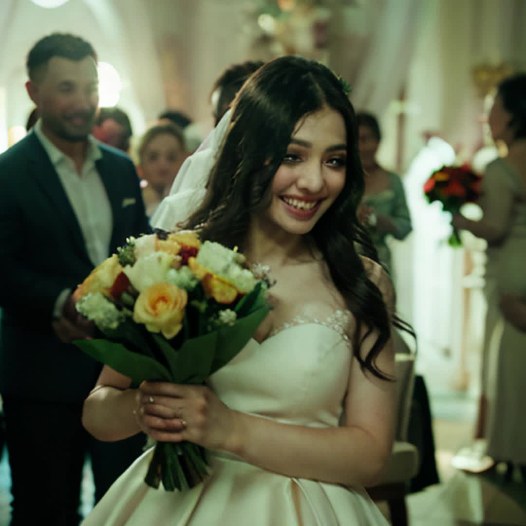 Elegant wedding scene, girl holding bouquet of flowers, dressed in a beautiful dress, joyful expression, surrounded by guests, soft focus on girl, vivid floral arrangements, soft shadows, warm ambient lighting, wideangle shot, subtle lens flare, candid moment, detailed and sharp focus, captured in high definition, romantic atmosphere, rendered by octane