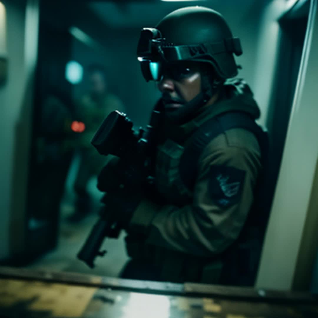 Elite SEAL team, tactical gear, night vision goggles, stealthy movements, urban setting, breaching doors, coordinated maneuvers, intense focus, dark and gritty atmosphere, muted colors, dramatic lighting, dynamic angles, cinematic, closeups of team members in action, tense and suspenseful mood, high contrast, highly detailed and sharp focus, octane render