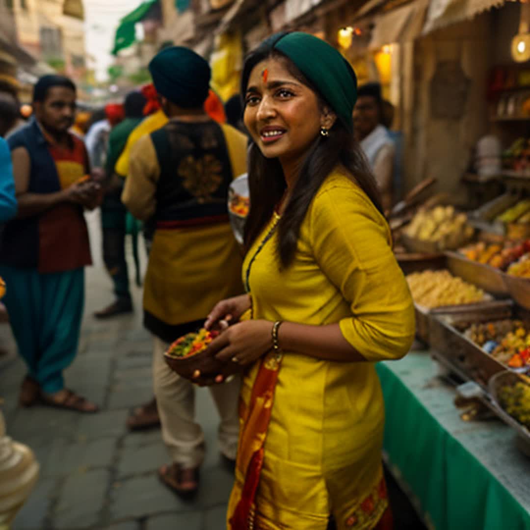 Traditional Punjabi girl, colorful Patiala salwar kameez, vibrant traditional turban, busy Patiala market, bustling streets, shopfronts with traditional Punjabi wares, vibrant hues of red, yellow, and green, intricate embroidery, chaat vendors, traditional sweets shop, local musicians playing dhol, people chatting and laughing, vibrant and energetic ambiance, soft shadows, wideangle view, highly detailed, sharp focus