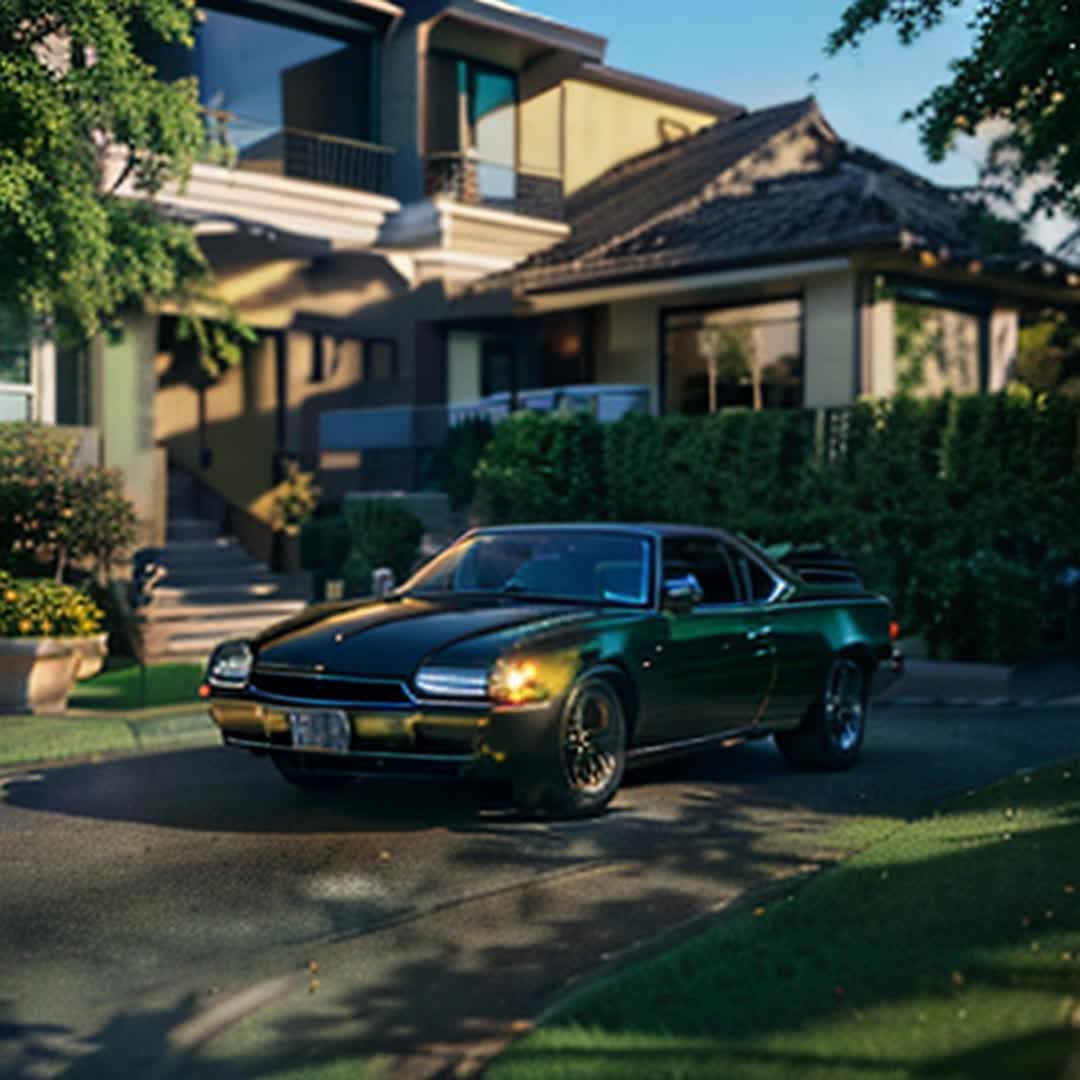 Luxurious car parked outside, elegant bungalow in background, sleek modern architecture, manicured lawns, soft shadows, vibrant colors, upscale neighborhood, golden hour light, cinematic angle, rendered by octane
