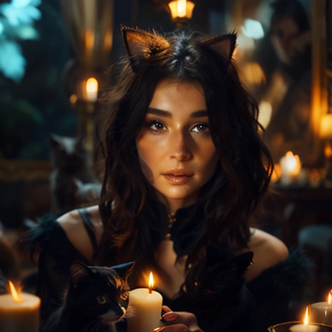 Elegant woman surrounded by various cats, opulent environment, wearing flowing silk gown, detailed and sharp focus, intricate cat fur textures, soft shadows, gentle touch, dim ambient lighting, warm golden hues, softly lit candles, rich velvet furniture, ethereal atmosphere, slow camera panning, tranquil, serene mood, cinematic effect, by art germ
