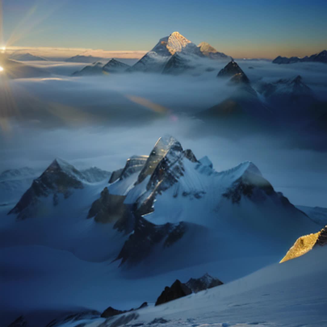 Enormous Mt Everest, peak shrouded in clouds, basecamp visible at bottom, snowcapped summit, deep blue sky, climbers preparing, tents scattered, rugged icy terrain, crisp cold air, majestic atmosphere, vivid and detailed, soft shadows, wideangle lens, cinematic view, ultrahigh resolution, subtle lens flares, dawn light highlighting mountain contours, rendered by octane
