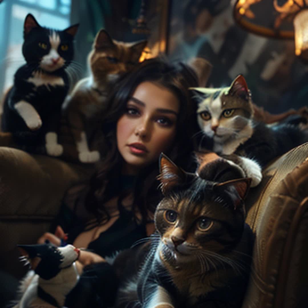 Elegant woman wearing black, surrounded by various cats, luxurious setting, high fashion, cats of all breeds and sizes, sleek and graceful, woman sitting on vintage armchair, velvet cushions, chandelier lighting, cats playing and lounging around, soft shadows, closeup shots of cats, wideangle shots for full scene view, cinematic feel, detailed and sharp focus, soft and moody lighting, delicate and sophisticated atmosphere, slowmotion shots of cats in motion, rendered by Octane