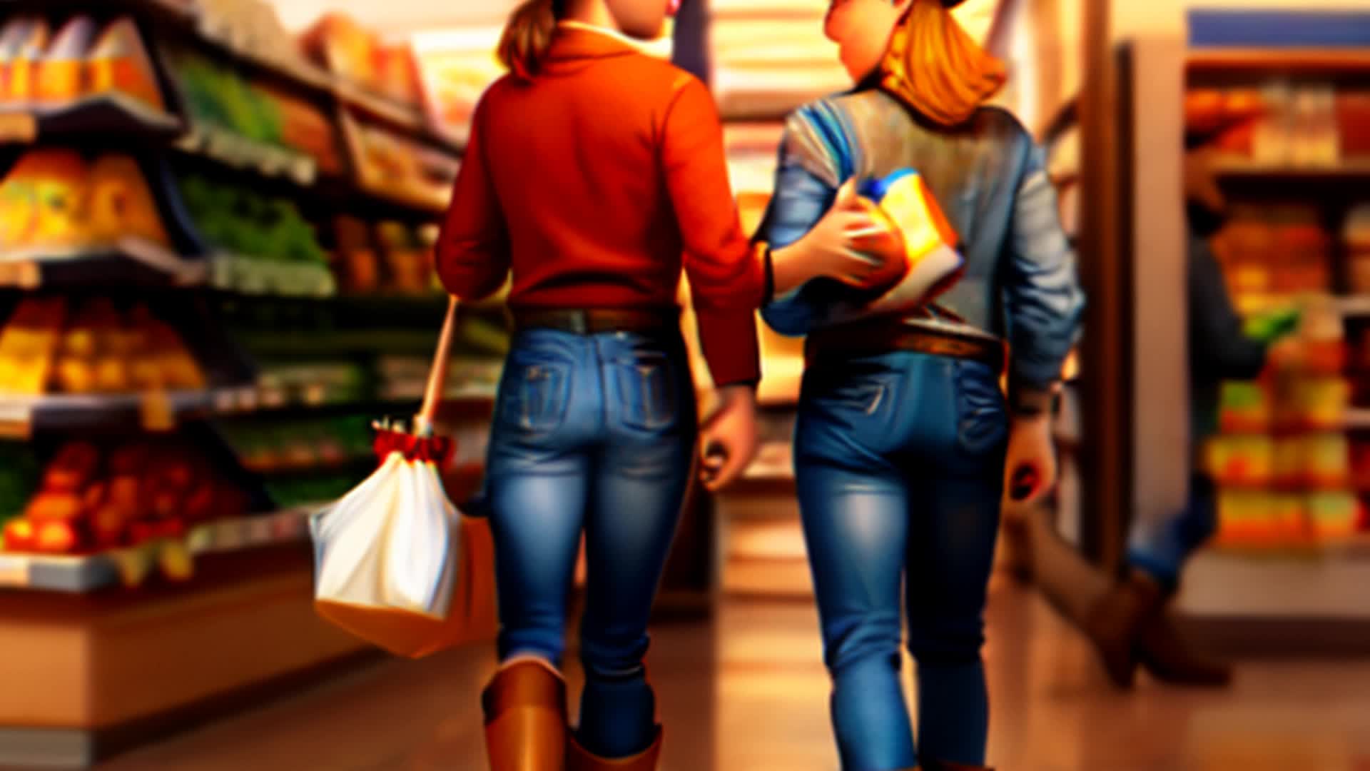 Woman in thigh-high boots and man in cowboy boots, exiting grocery store, groceries left behind, spontaneous, vibrant scene, dynamic angle