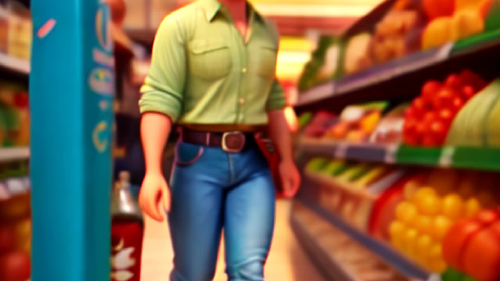 Man in silk shirt, cowboy boots, smiling intriguingly at woman, grocery aisle background, bright, vivid colors, full body shot
