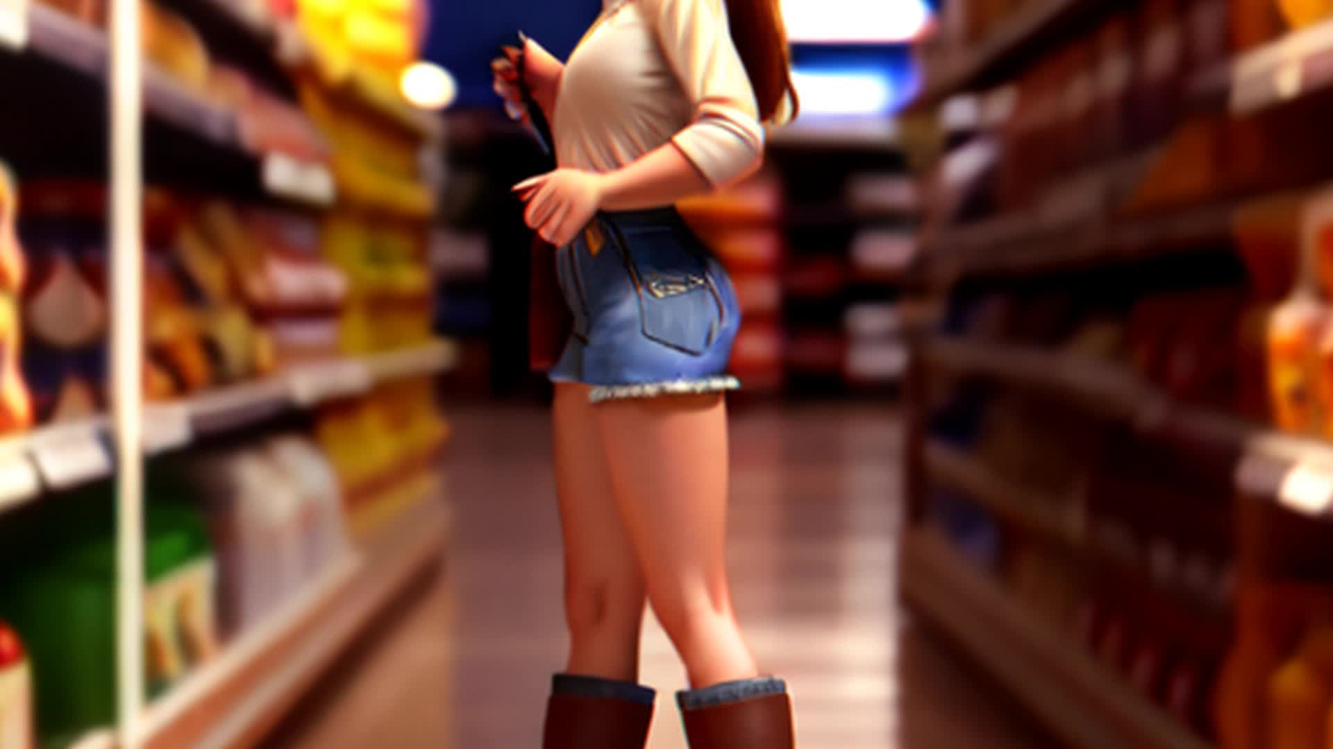 Woman in ripped denim shorts, thigh-high boots, bending down in grocery aisle, man in silk shirt, cowboy boots, eyeing her, detailed, sharp focus, natural lighting