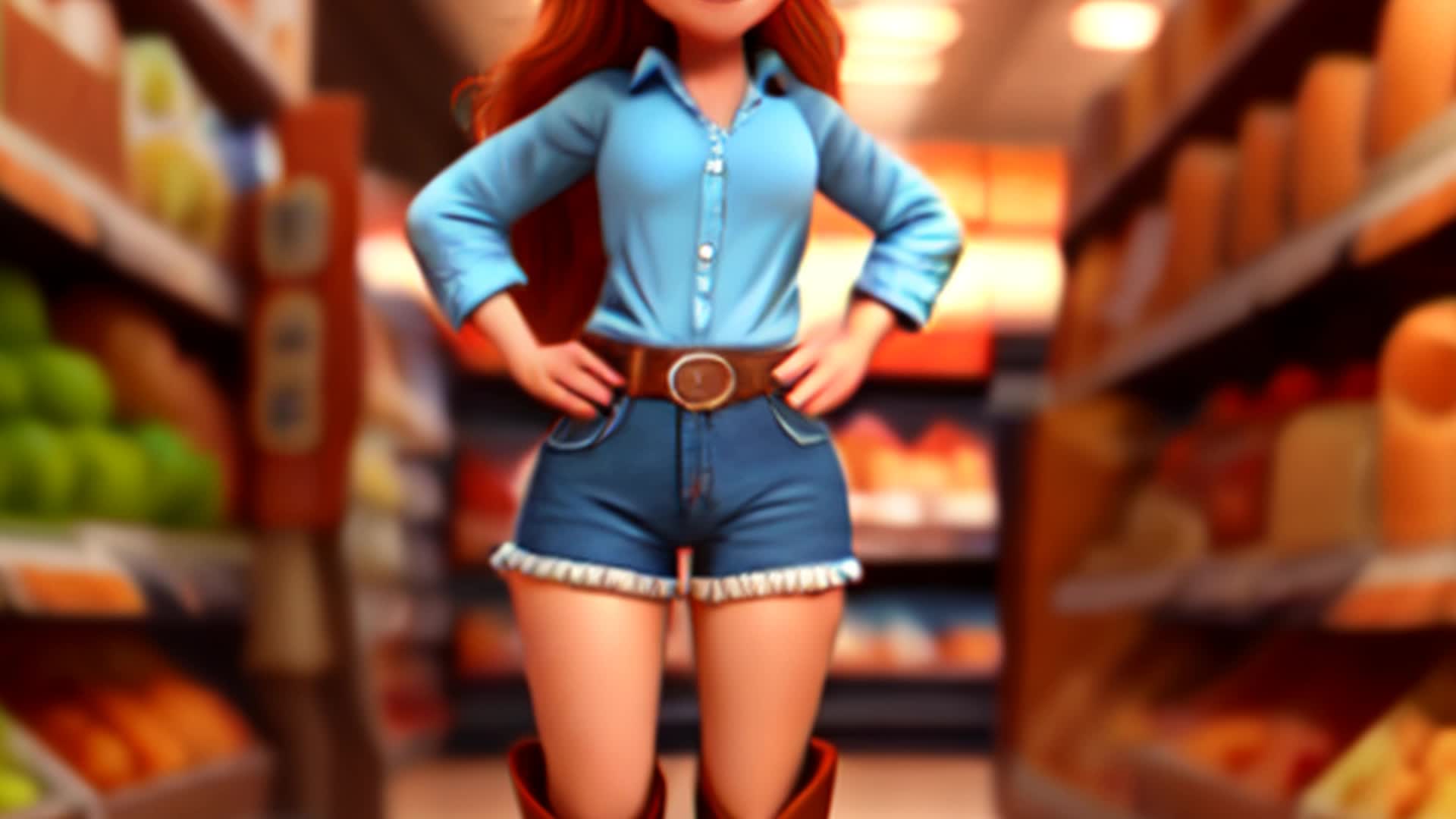 Confident woman in denim shorts, thigh-high boots, approaching man in silk shirt, cowboy boots in grocery aisle, cheeky expression, soft shadows, close-up