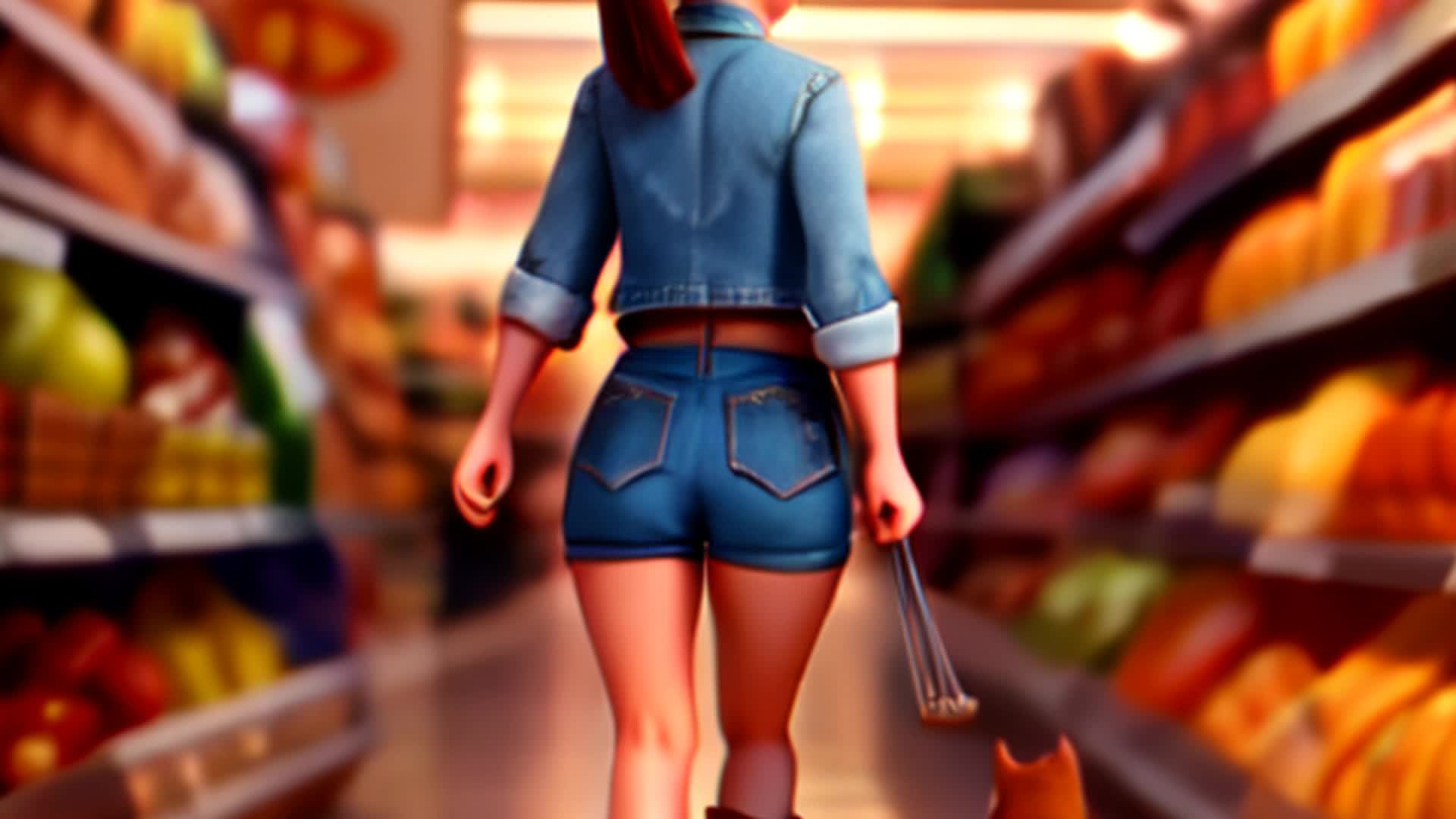 Woman in denim shorts, thigh-high boots, sly smile, taking man's hand in grocery aisle, blurred background, romantic mood, ambient lighting