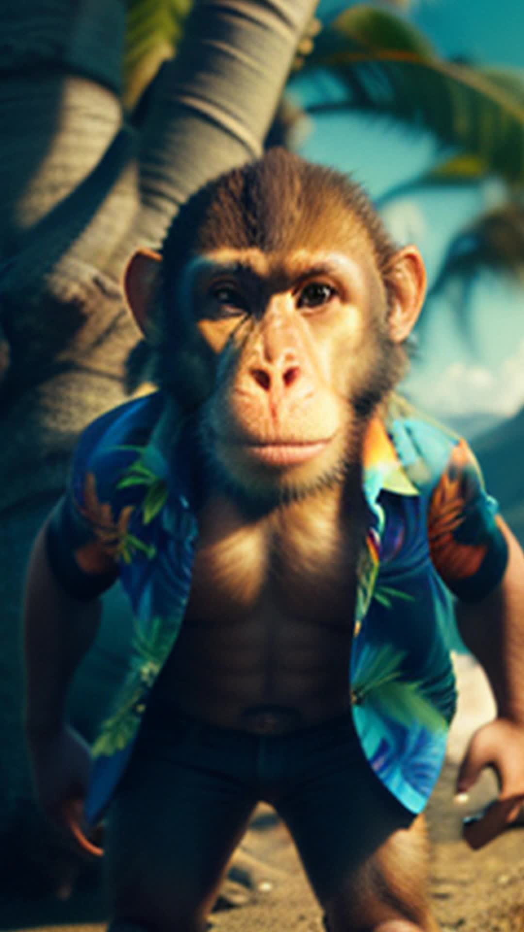 Rhesus macaque in bright Hawaiian shirt, surfing dynamic psychedelic waters, vivid swirling colors, vibrant patterns, playful energy, smooth, fluid motion, tropical background with palm trees and mountains, highly detailed, sharp focus, surreal atmosphere, soft shadows, standing wideangle shot, cinematic vibe, rendered by octane