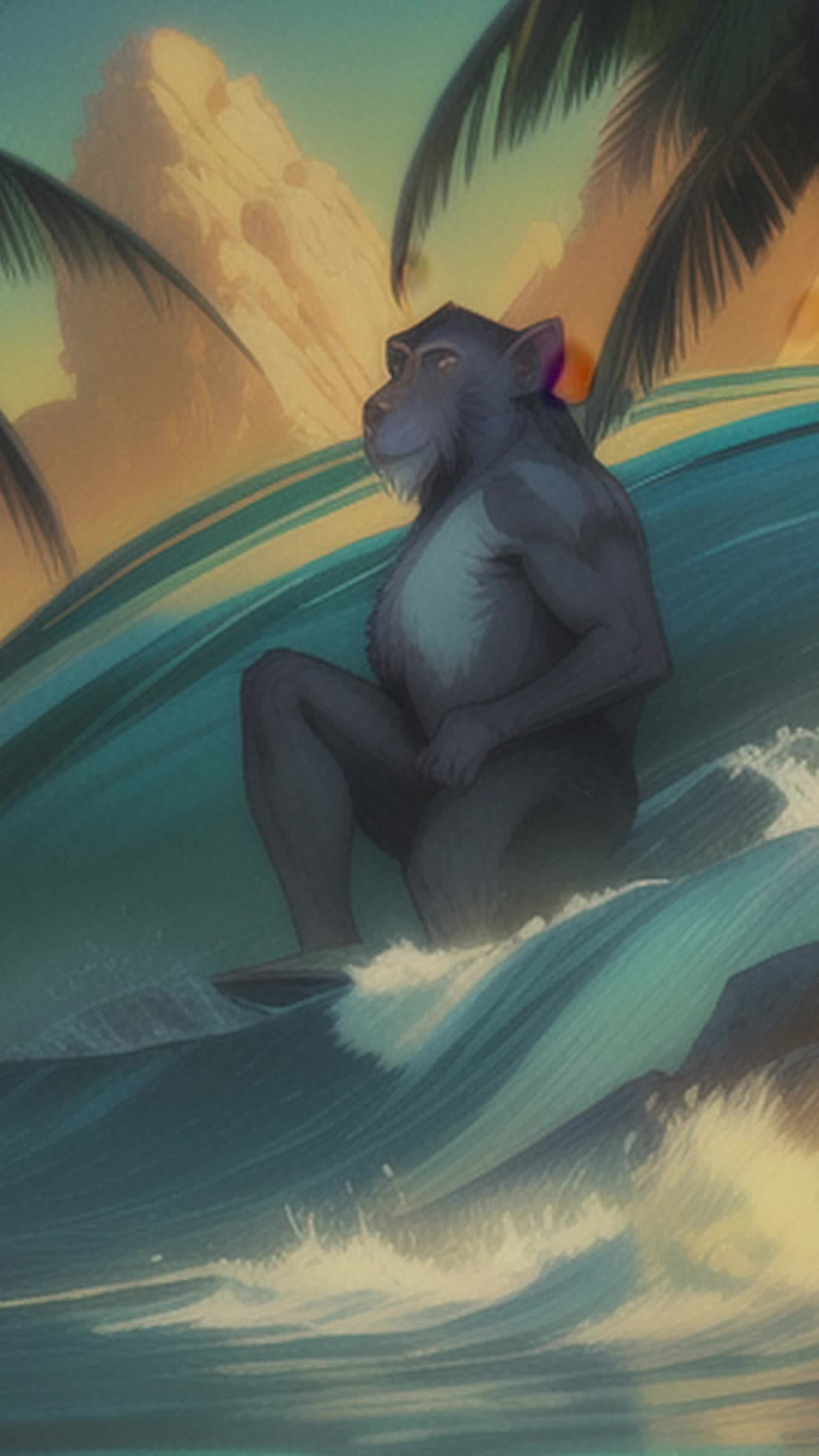 Rhesus macaque in bright Hawaiian shirt, surfing dynamic psychedelic waters, vivid swirling colors, vibrant patterns, playful energy, smooth, fluid motion, tropical background with palm trees and mountains, highly detailed, sharp focus, surreal atmosphere, soft shadows, standing wideangle shot, cinematic vibe, rendered by octane