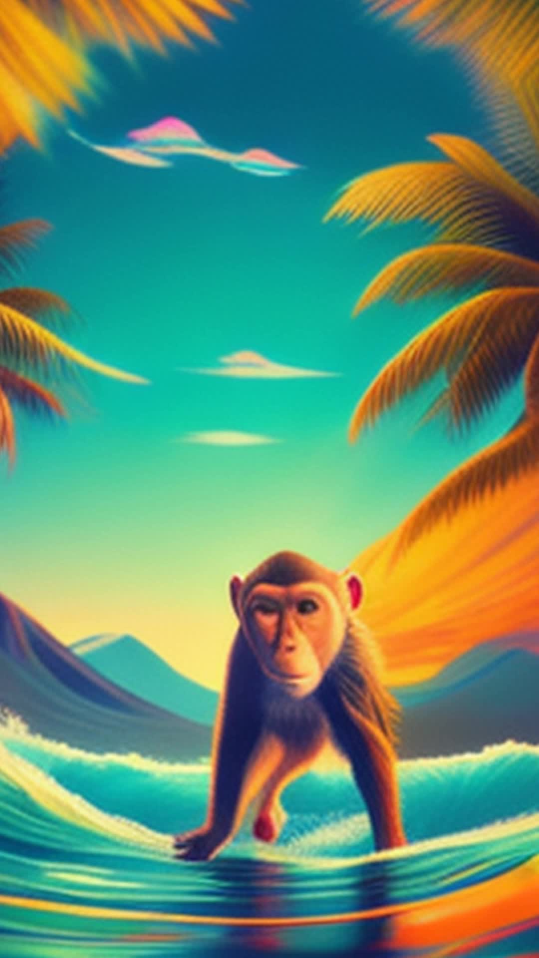 Action shot of a Rhesus macaque in bright Hawaiian shirt, surfing monkey on psychedelic waters, surfing dynamic psychedelic waters, vivid swirling colors, vibrant patterns, playful energy, smooth, fluid motion, tropical background with palm trees and mountains, highly detailed, sharp focus, surreal atmosphere, soft shadows, standing wideangle shot, cinematic vibe, psychedelic art, rendered by octane