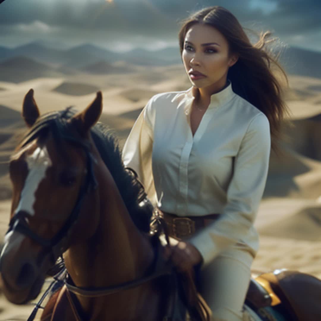 Elegant woman, flowing dress, riding beautiful horse, through vast desert, golden sands, soft shadows, windswept hair, horse galloping, capturing movement, sunset casting warm glow, long shadows, cinematic lighting, wideangle, detailed and sharp focus, romantic and adventurous, serene and majestic atmosphere, expansive horizon, vibrant colors, high definition, shot in slow motion, dynamic and immersive, captivating scenery, breathtaking visuals, epic journey, rendered by Octane