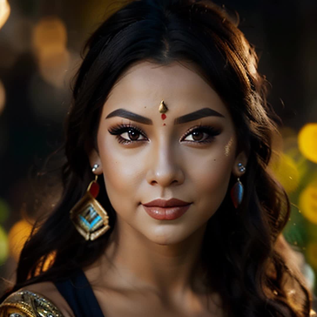 Stunning Indian woman, ornate sari, intricate jewelry, bindi on forehead, flawless complexion, traditional henna on hands, deep expressive eyes, serene and graceful posture, soft shadows, warm golden lighting, gently blowing hair, vibrant colors, highly detailed and sharp focus, closeup portrait, cinematic feel, by art germ