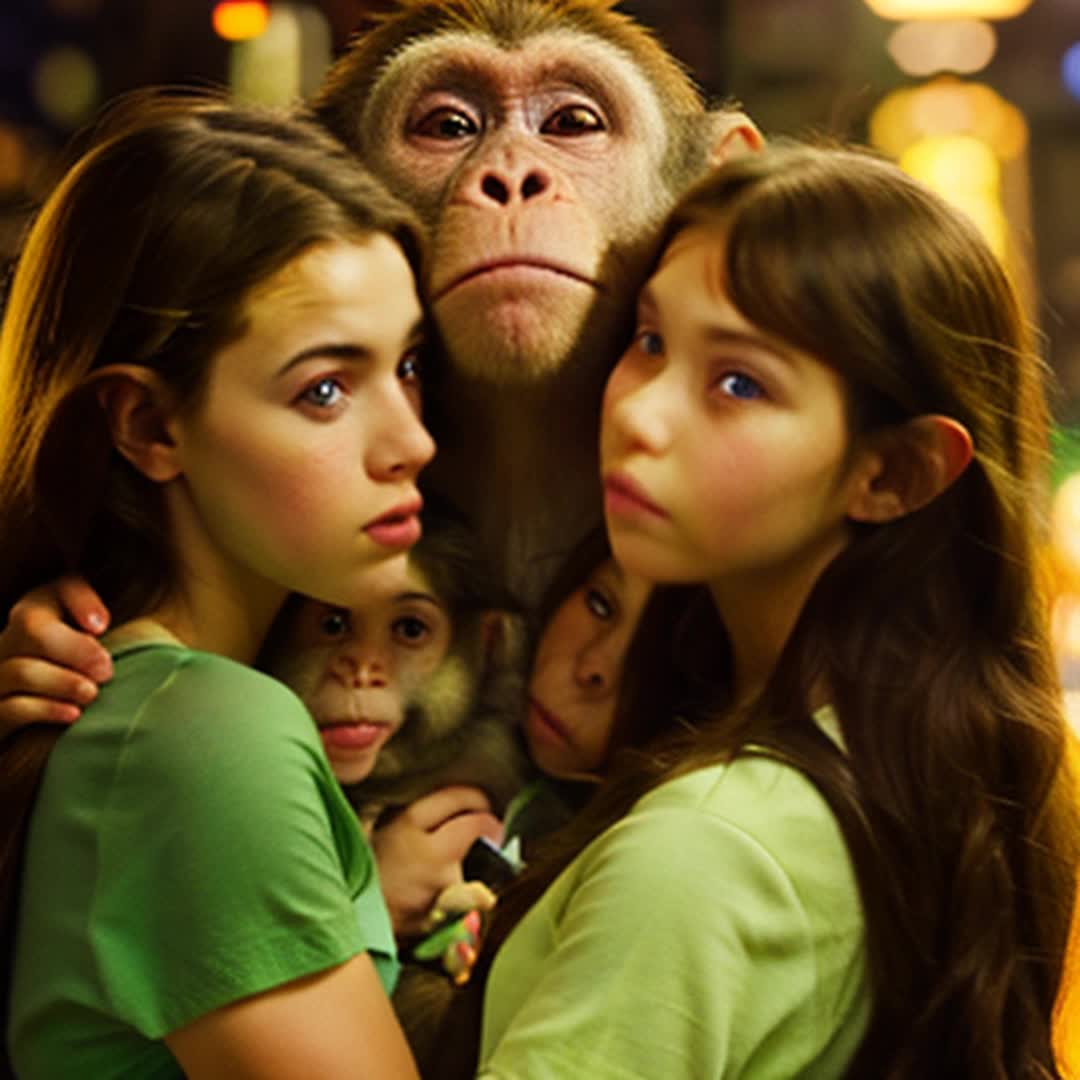 A monkey holding two girls 