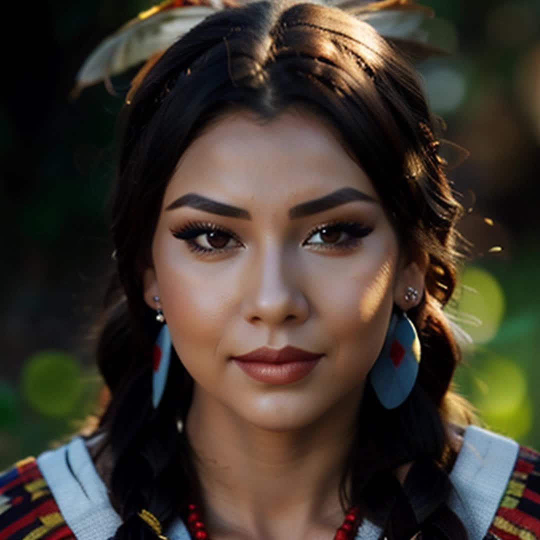 Beautiful elegant portrait, Cherokee Indian woman, intricate braids, elegant beaded earrings, traditional attire with detailed patterns, serene expression, soft natural lighting, smooth focus on face, vibrant colors, closeup shot, soft shadows, culturally rich background, serene and respectful atmosphere
