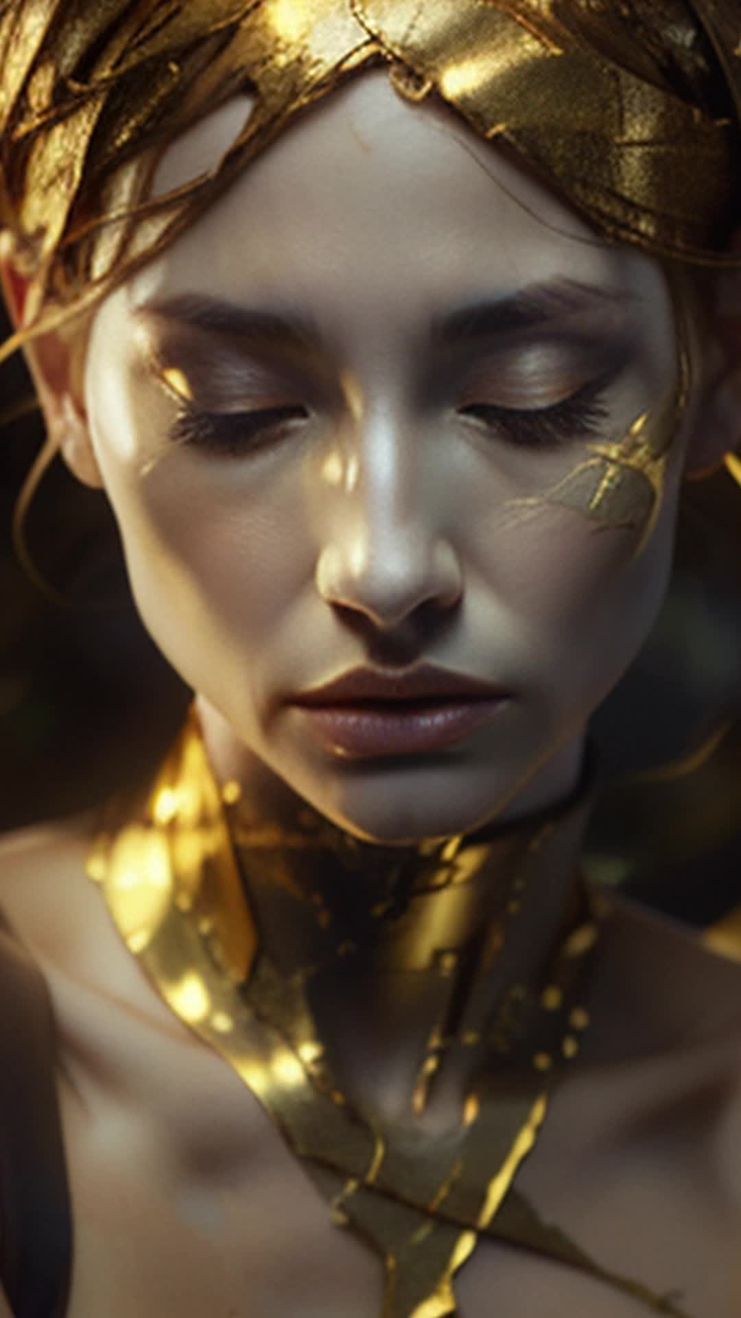 Kintsugi woman, golden cracks, elegant, graceful pose, intricate details, high contrast, calm expression, gentle shadows, closeup, detailed focus, cinematic atmosphere, soft ambient lighting, gentle motion, ethereal, touching her face, mesmerizing, ancient art, visually stunning, delicate beauty, tranquil whispers