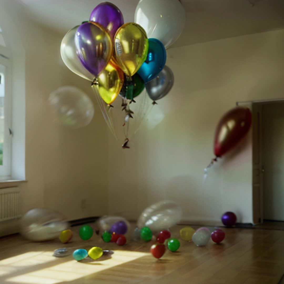 Minimalist white room, vibrant colorful balloons floating, scattered, high contrast, sleek modern design, bright and cheerful atmosphere, soft natural light filtering in, subtle shadows, panoramic wideangle view, smooth camera panning, dynamic floating motion, balloons reflecting light gently, gentle movement, crisp and detailed focus, playful and joyful mood, studio quality, rendered by octane