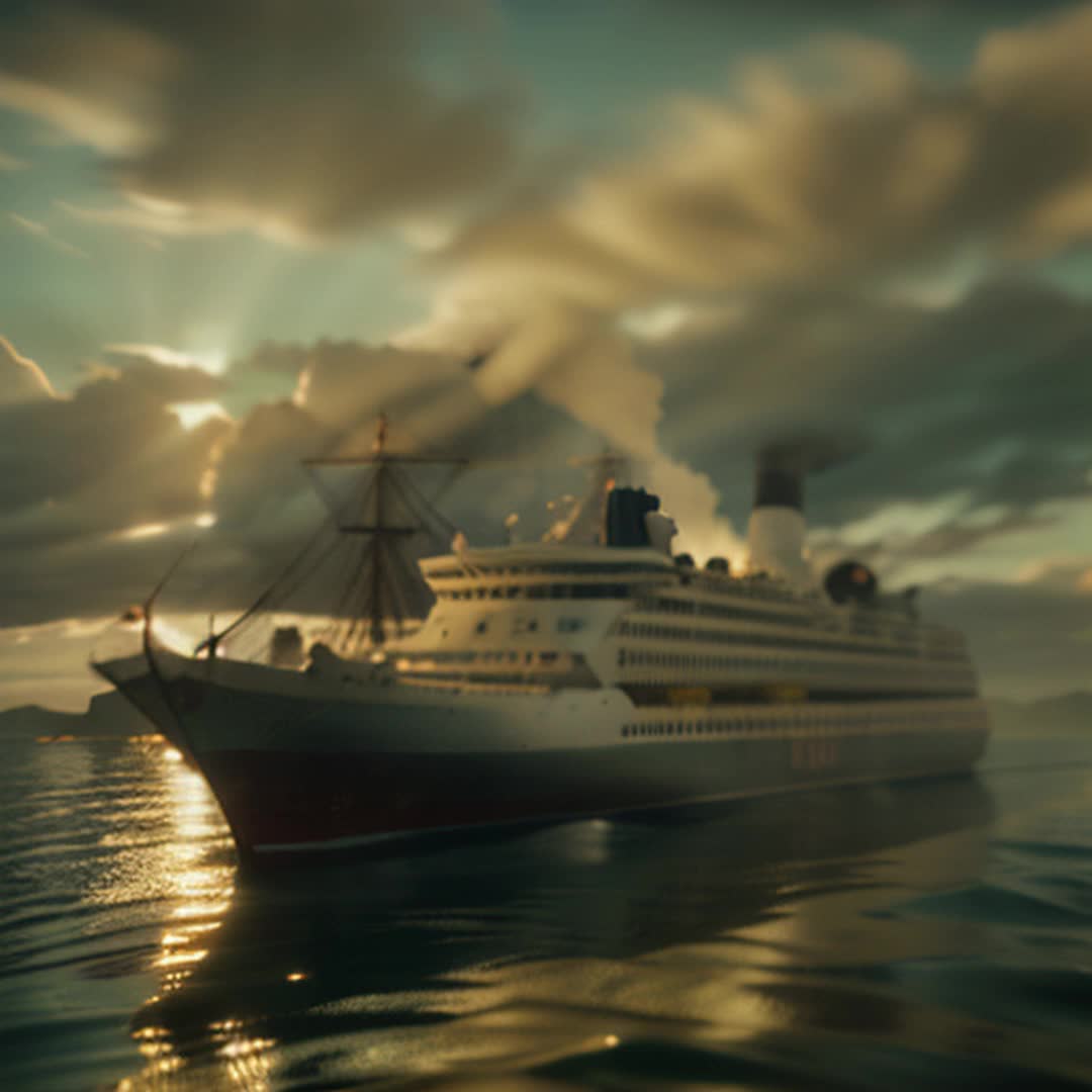 Vintage steamship, navigating calm waters, billowing white steam, intricate detailing on vessel, rolling waves, golden sunlight reflecting off water surface, wide panoramic view, warm color tones, soft shadows, vintage film grain effect, highly detailed, gently rocking motion, rendered in cinematic style, immersive atmosphere, nostalgic ambiance