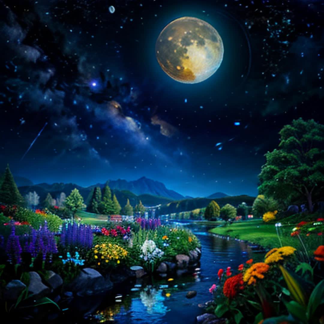 Black light poster fullmoon river trees glowing plants and flowers black background 