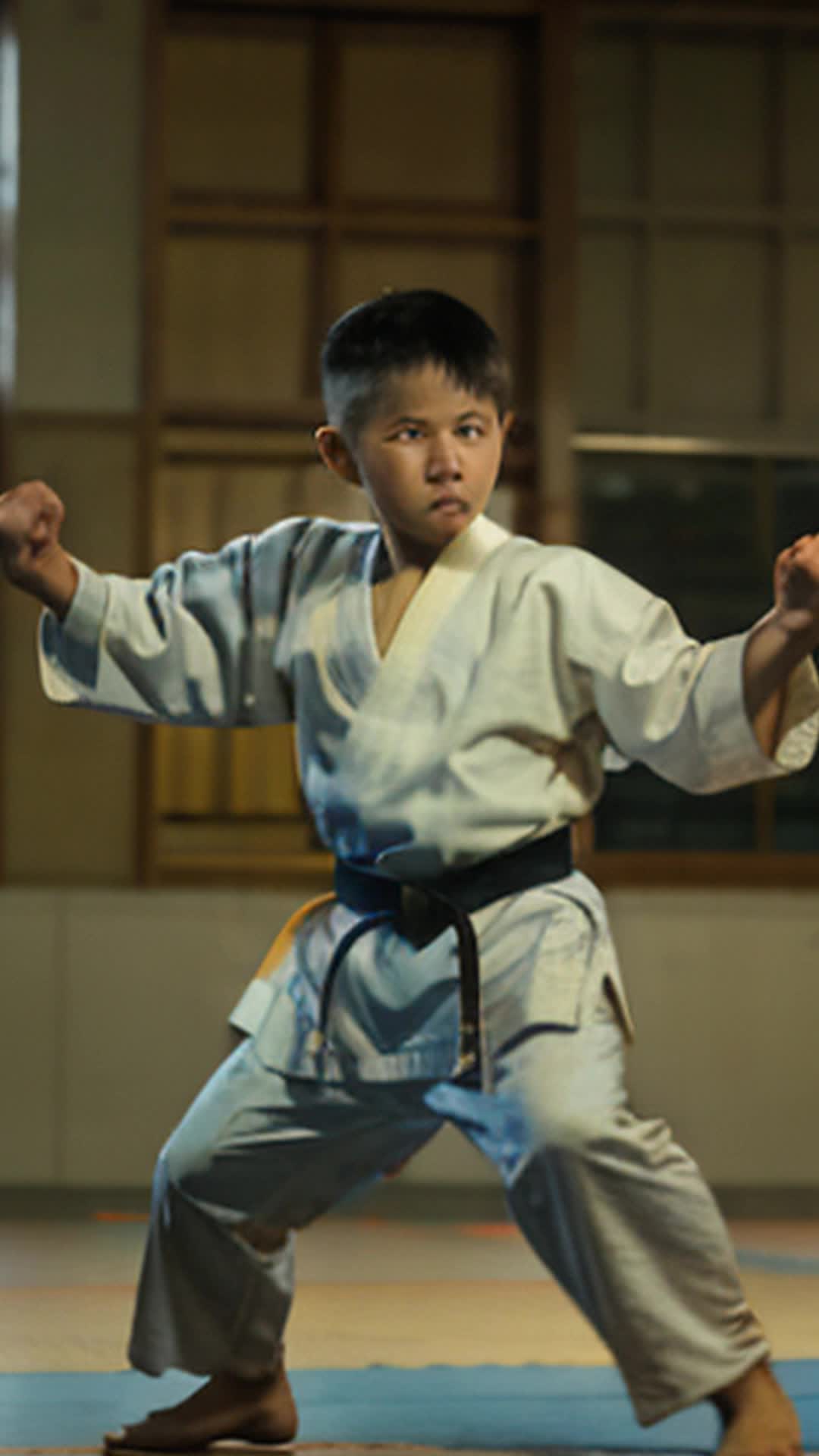 Karate master boy, precise powerful moves, demonstrates kata, dojo background, onlookers in awe, training mats, ceremonial banners, naturally lit, high resolution