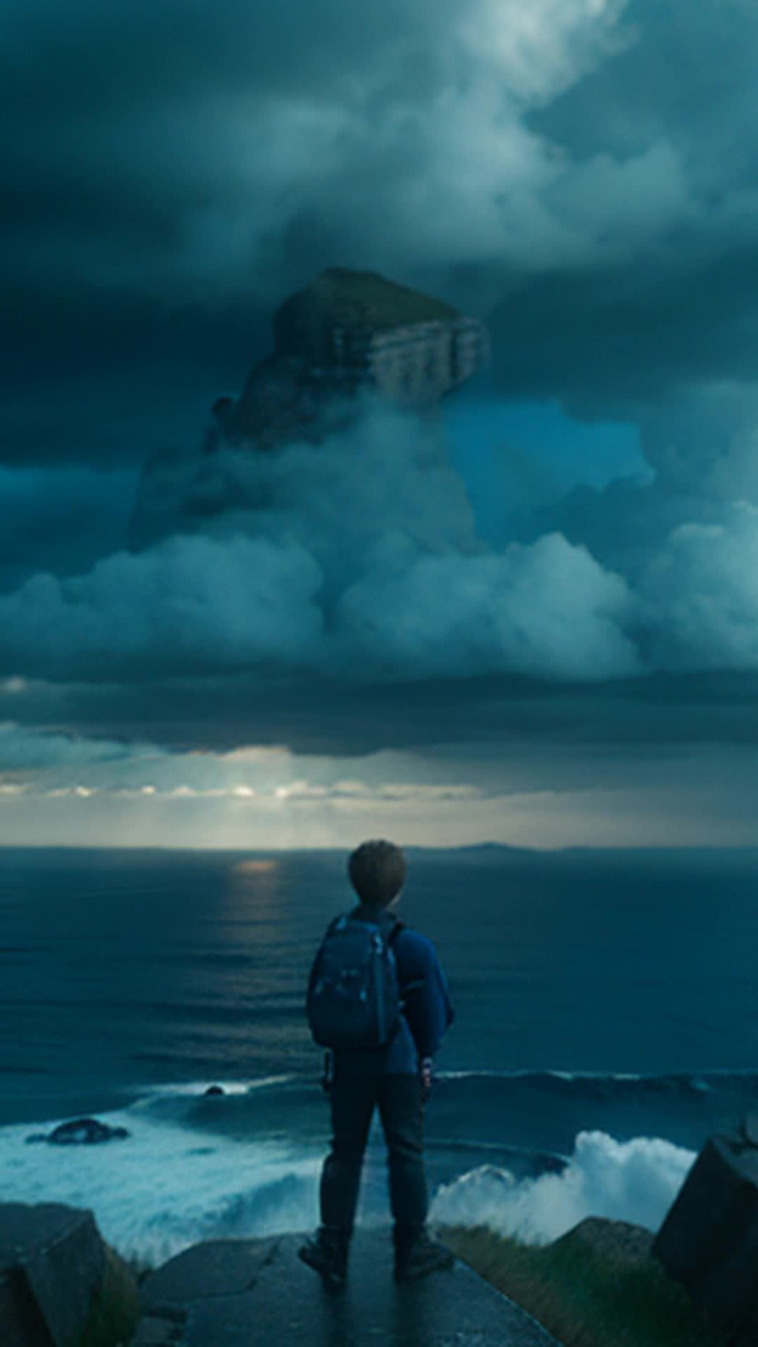 Boy facing horizon, determined to fight evil, windswept hair, craggy cliffs overlook ocean, storm clouds gathering, first step of retribution, dynamic wide-angle shot, highly detailed, ominous setting