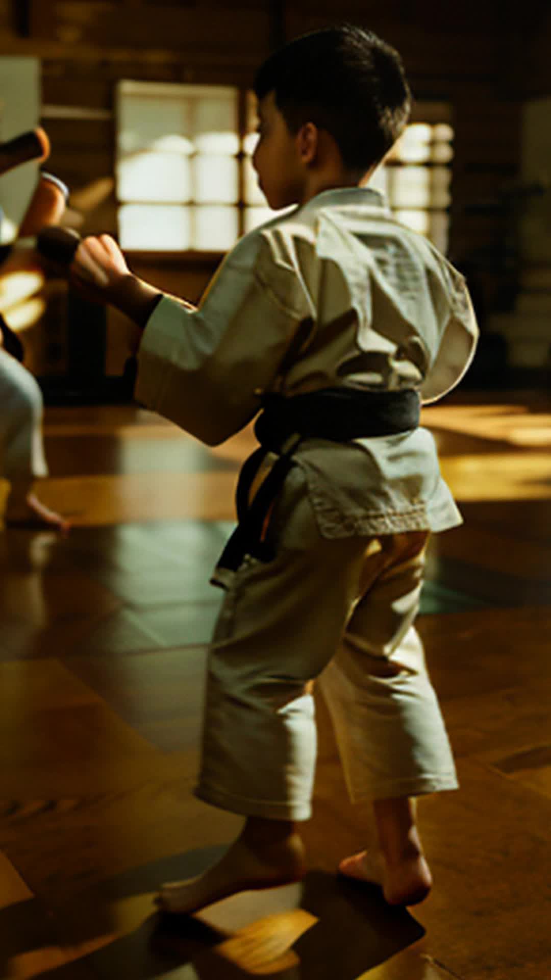 Boy following mysterious stranger, entering world of karate training, intense atmosphere, dojo interior, wooden floors, traditional gis, high detailed, sharp focus, soft shadows, every step echoes