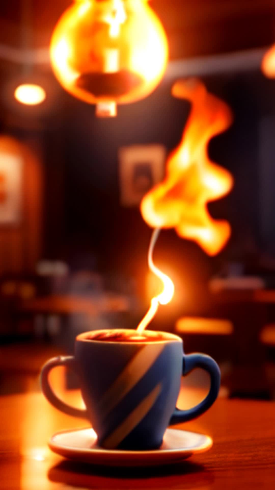 make the background completely dark and then have a light bulb from the ceiling shine on a smoking cup of coffee on a table