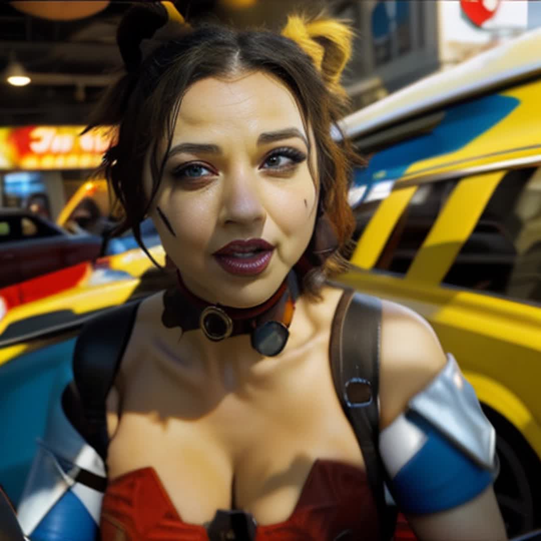 Deadpool, Harley Quinn, gas station, playful interaction, flirty, comic book style, vibrant colors, dynamic poses, humorous expressions, exaggerated gestures, highenergy, chaotic background, soft shadows, detailed and sharp focus, high contrast lighting, wideangle shot, closeup details, cinematic effect, rendered by octane