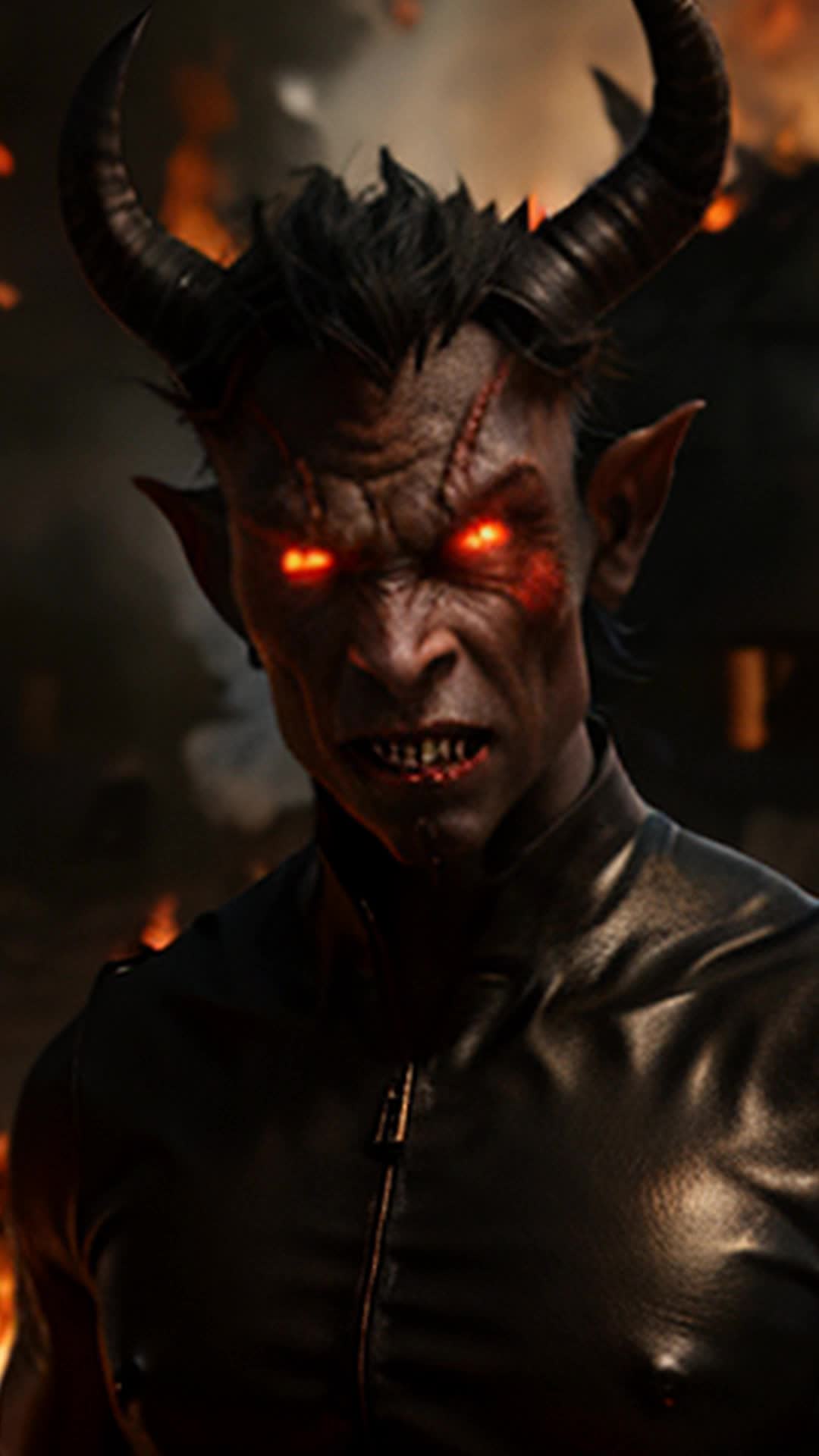 devil guy with horns in a burning building