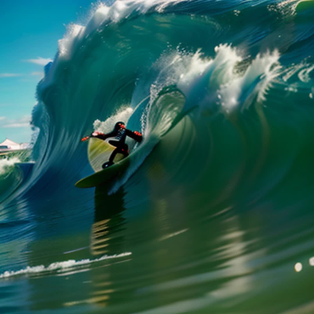 Surfer riding a massive wave, ocean swell, sense of adventure, dynamic movement, spray flying off wave crest, intense focus, wetsuit glistening, bright sunlight reflecting on water, powerful and majestic wave, wideangle shot, fluid motion, vibrant and energetic, highdefinition, cinematic quality, breathtaking scenery, smooth camera tracking, slowmotion effect