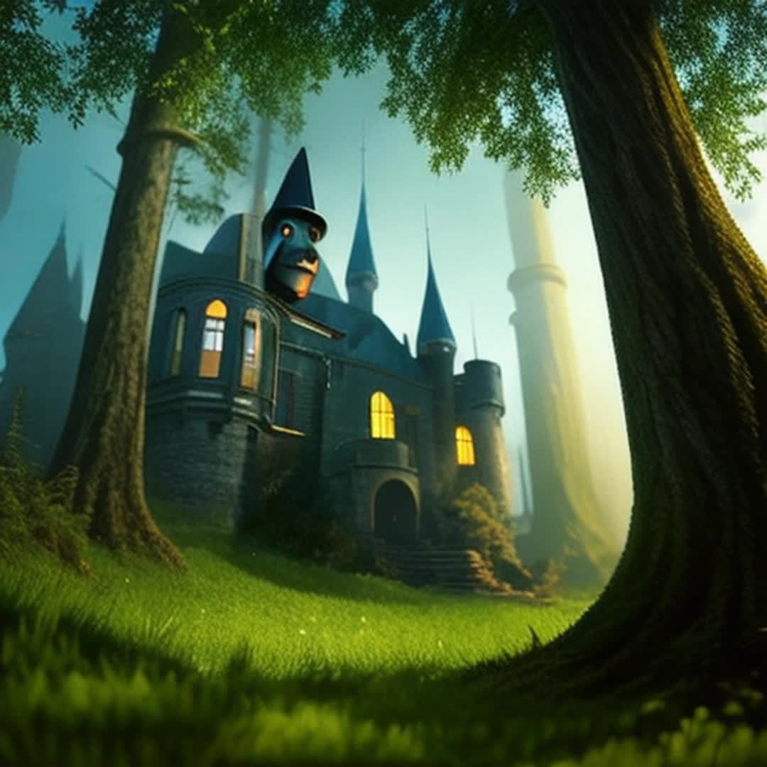 Tin man from Oz, sad expression, standing in dark forest, looking at distant castle of Oz, gloomy ambiance, metallic sheen reflecting dim moonlight, tall eerie trees around, soft shadows, mist swirling at ground level, highly detailed and sharp focus, closeup view, cinematic rendering, muted colors, somber mood
