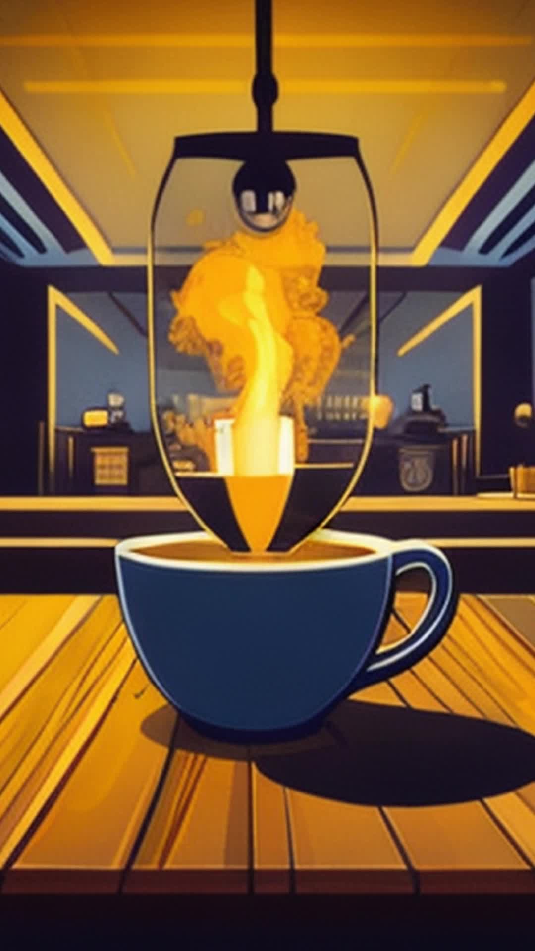 make the background completely dark and then have a light bulb from the ceiling shine on a smoking cup of coffee on a table whicch is the center of the scene
