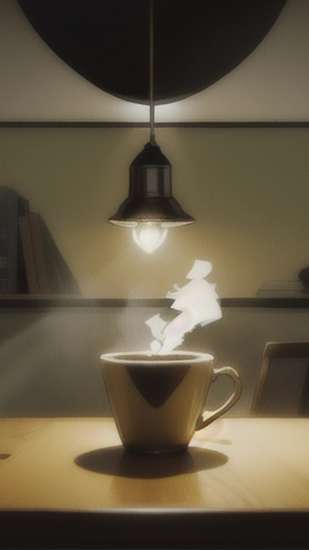 a very dark room where there is a small lightbulb hanging from the ceiling shining on a cup of smoking coffee on the table