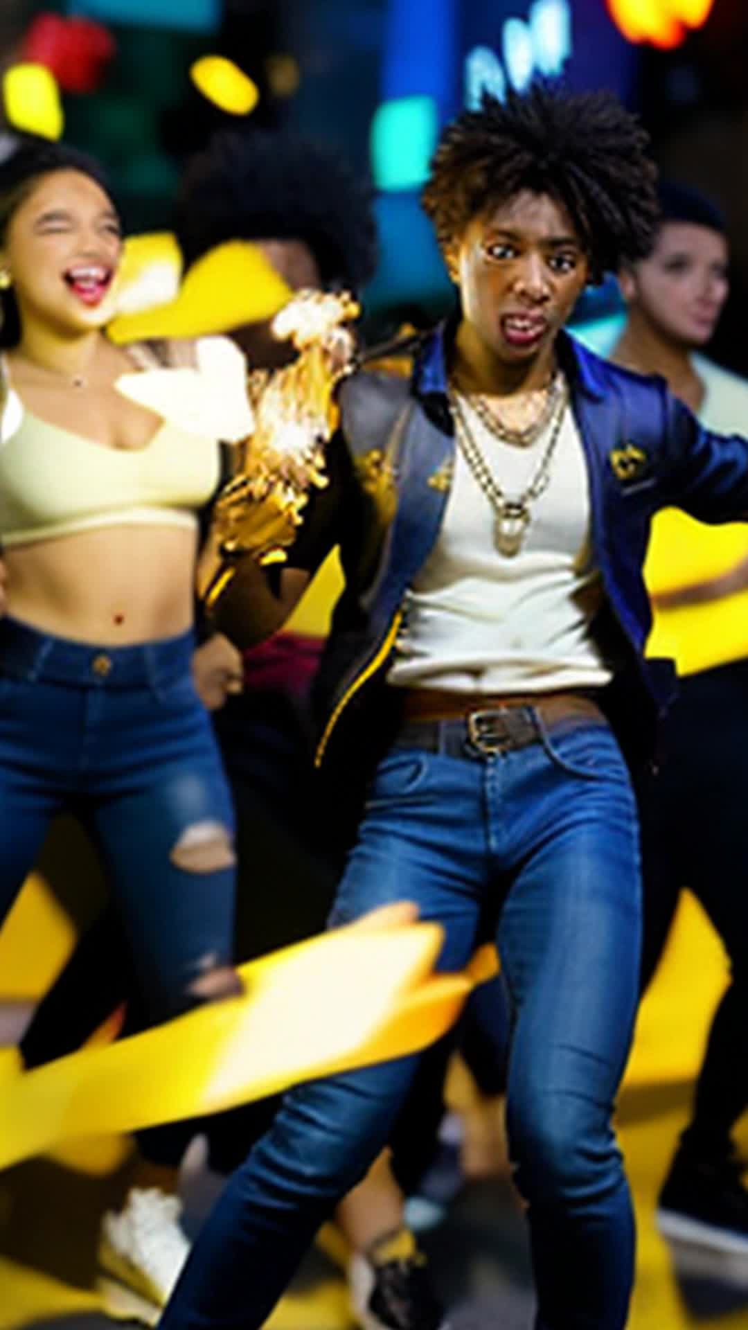 Group of friends dancing, lively atmosphere, swaying to music, joyful expressions, seamless movements, smooth choreography, vibrant background, smoke swirling from cigarettes, soft shadows, closeup and wideangle shots, cinematic effect, vibrant colors, party lights flashing, dynamic angles, high energy, festive ambiance, rendered by octane